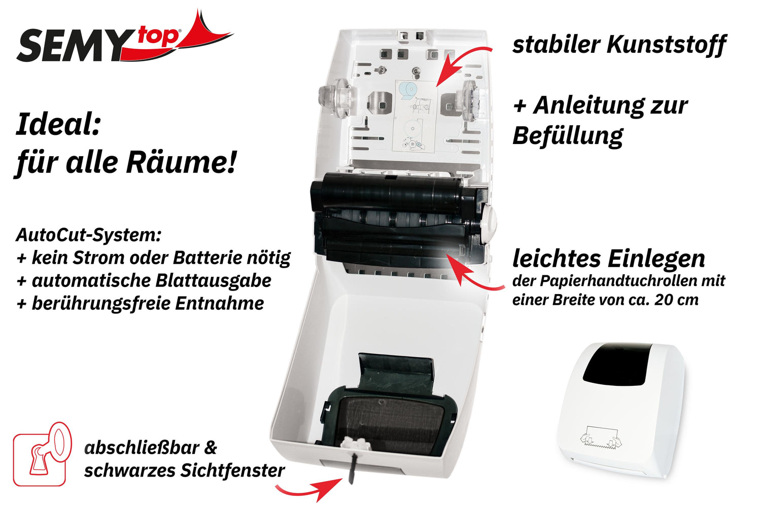 Distributeur de rouleau d'essuie-tout SemyTop Autocut pour rouleaux de 20 cm de large, blanc