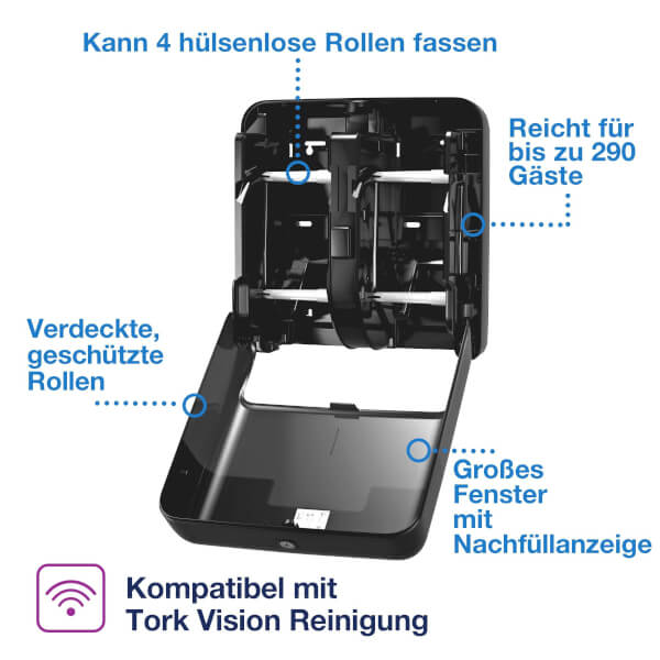 Distributeur Tork OptiServe® pour papier toilette sans mandrin, 4 rouleaux, Elevation T7