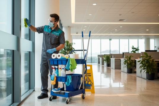 Reingungsfachkraft mit Reinigungswagen